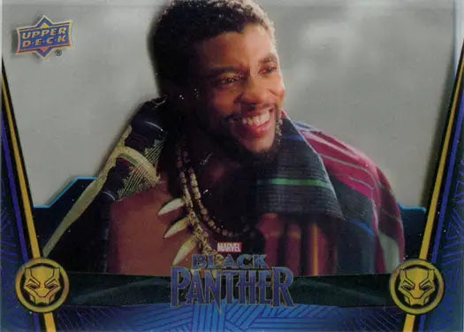 Smiling man in colorful clothing on Marvel Black Panther trading card design