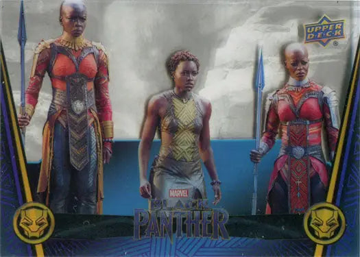 Trading card showcasing three female warriors from Black Panther in vibrant costumes