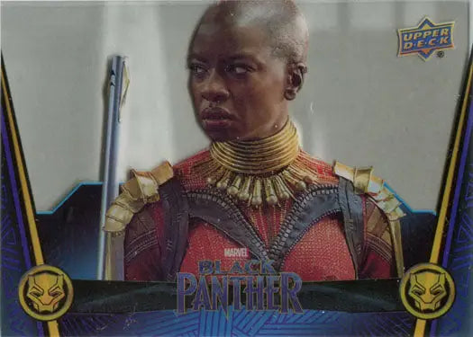 Portrait of a bald woman in gold neck rings, featured on a Marvel Black Panther trading card