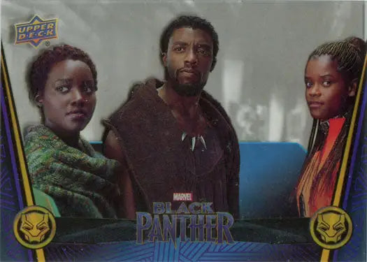 Marvel Black Panther Acetate Parallel 77 Base Chase Card featuring three characters in trading cards