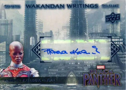 Marvel Black Panther autograph card featuring Florence Kasumba as Ayo with Wakandan writings