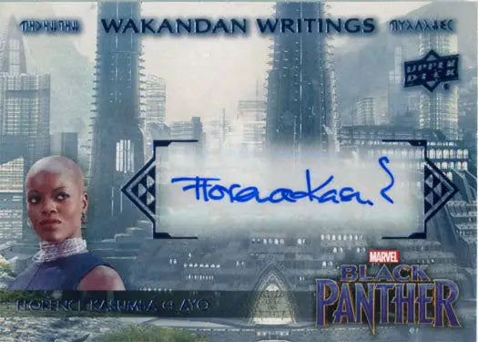 Marvel Black Panther Autograph Card featuring Florence Kasumba’s signature in a futuristic city