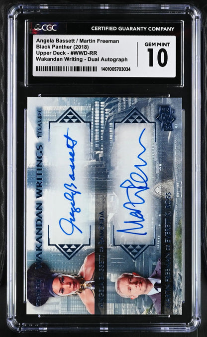 Graded Marvel Black Panther Autograph Card with Angela Bassett and Martin Freeman in case