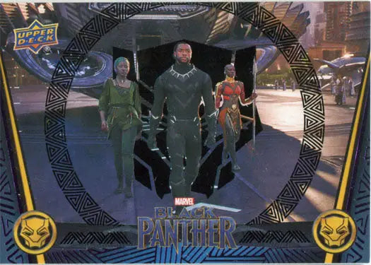 Black Panther Black Foil trading card with characters in a circular frame design