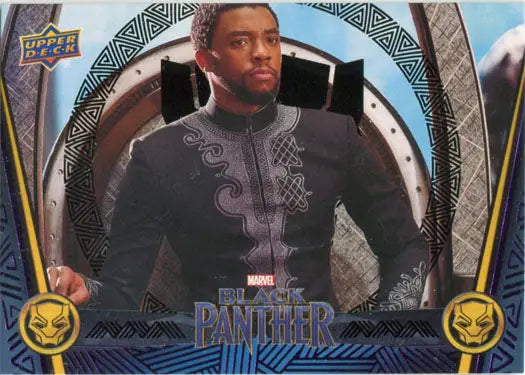 Black Panther trading card in dark costume, featuring black foil design and chase rarity