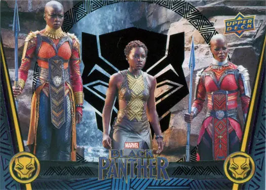 Trading card with Black Panther female warriors in colorful black foil design