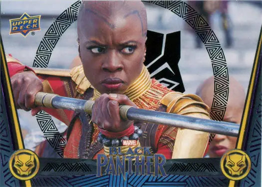 Fierce warrior from Black Panther on Marvel Black Foil trading card in combat pose