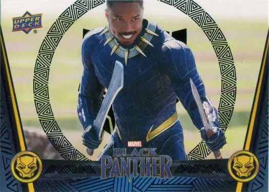 Black Panther trading card featuring character in blue costume with silver accents in black foil