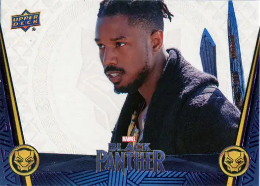 Trading card of a man in a dark jacket with Black Panther logo, Marvel collectible