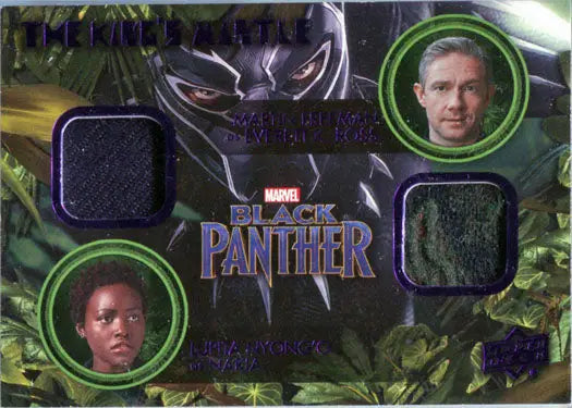 Promotional card for Black Panther featuring character portraits and costume fabric swatches