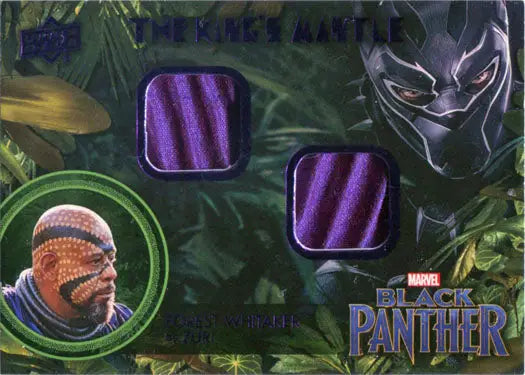 Trading card featuring Black Panther characters and fabric swatches, Forest Whitaker as Zuri