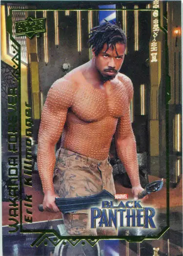 Shirtless muscular man holding a weapon from Marvel Black Panther Wakanda Forever Erik Killmonger