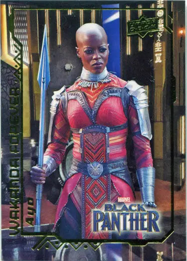 Warrior woman in vibrant red and purple armor with a spear from Marvel Black Panther Wakanda Forever