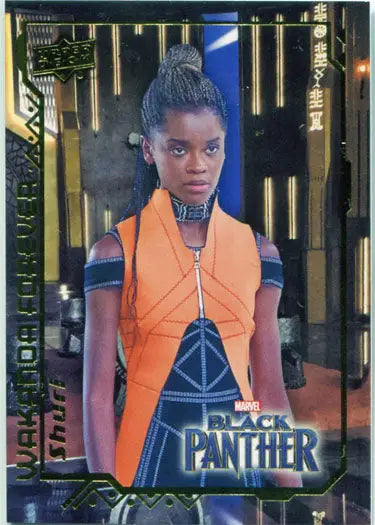 Marvel Black Panther Wakanda Forever card featuring Letitia Wright as Shuri in costume