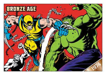 Wolverine battles Hulk in vibrant colors on Marvel Bronze Age promo card P1