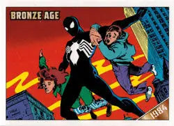 Comic book illustration of Spider-Man in black symbiote costume on Marvel Promo Card