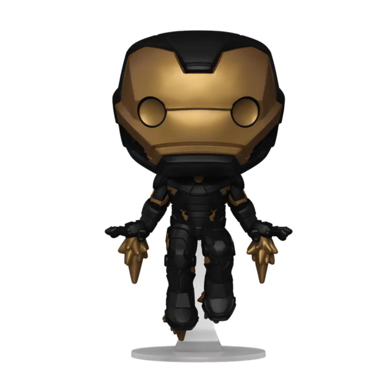 Iron Man Funko in black and gold suit hovering with repulsors activated, Marvel exclusive