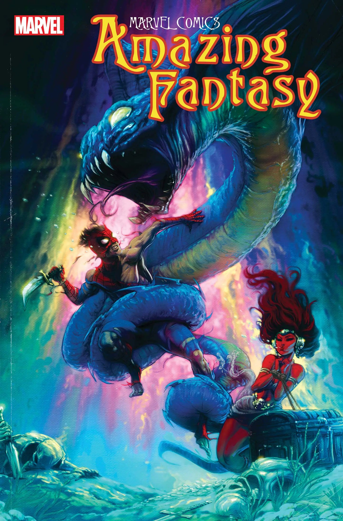 Mystical dragon with glowing blue scales confronts red-cloaked figure on Amazing Fantasy cover