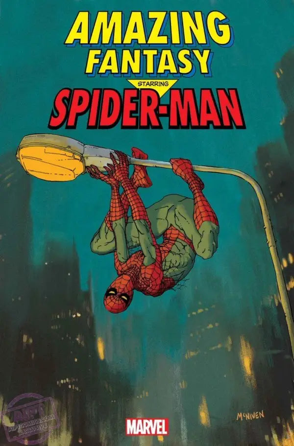 Spider-Man swings upside-down from a lamp holding a hot dog in Amazing Fantasy Starring Marvel Comics