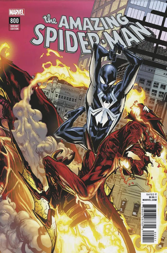 Comic book cover of Spider-Man in black suit swinging through cityscape, Ramos Connecting