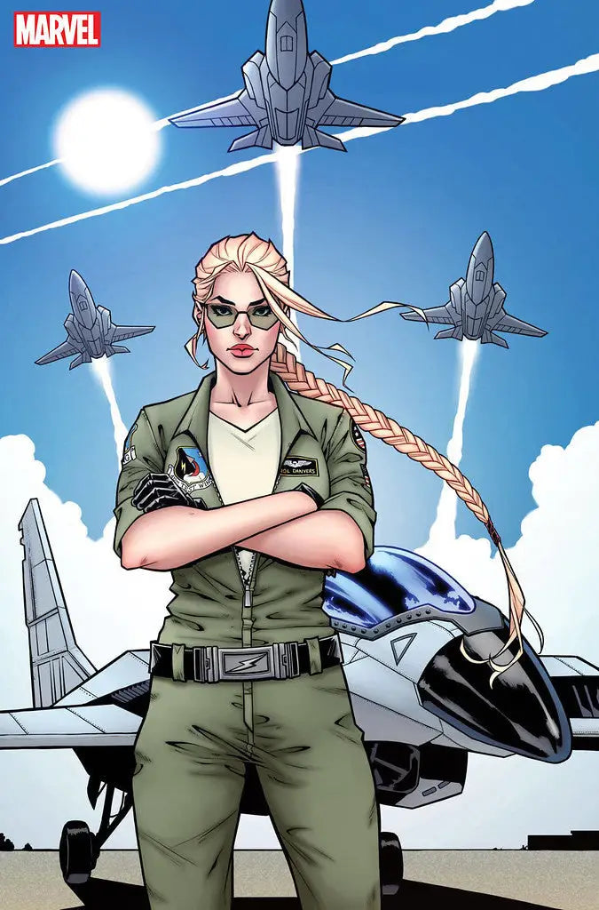 Female fighter pilot in green flight suit with military aircraft, Avengers trading cards theme