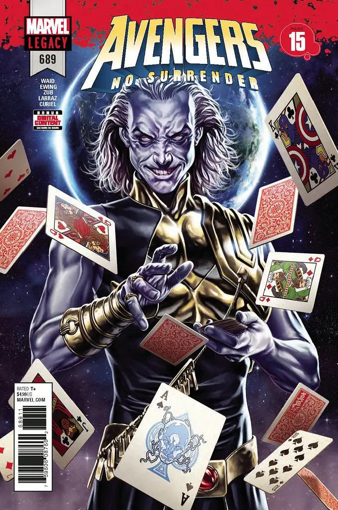 Comic book cover of MARVEL COMICS: AVENGERS #689 with a sinister character and trading cards