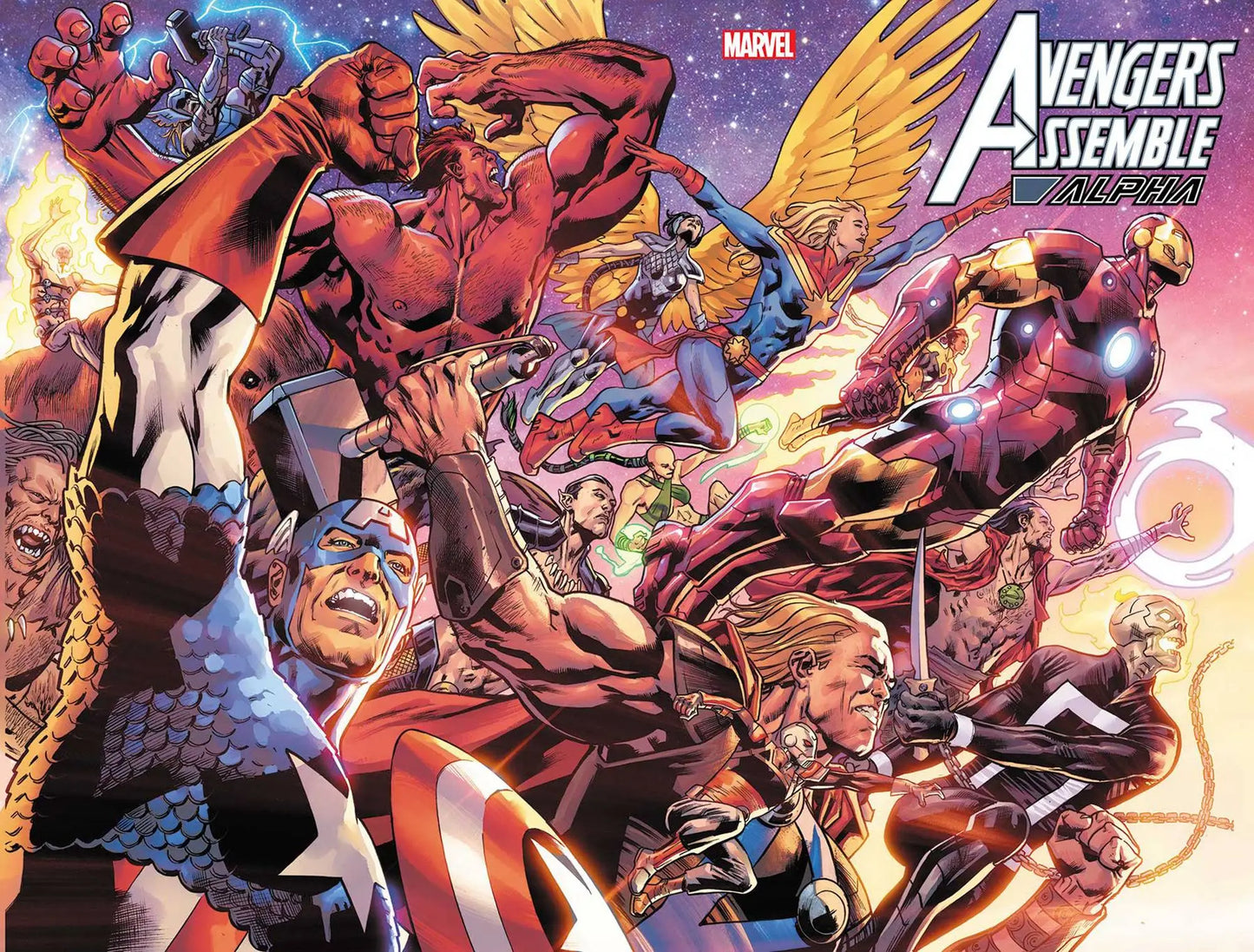 Dynamic Marvel Comics Avengers in action poses from Avengers Assemble Alpha #1