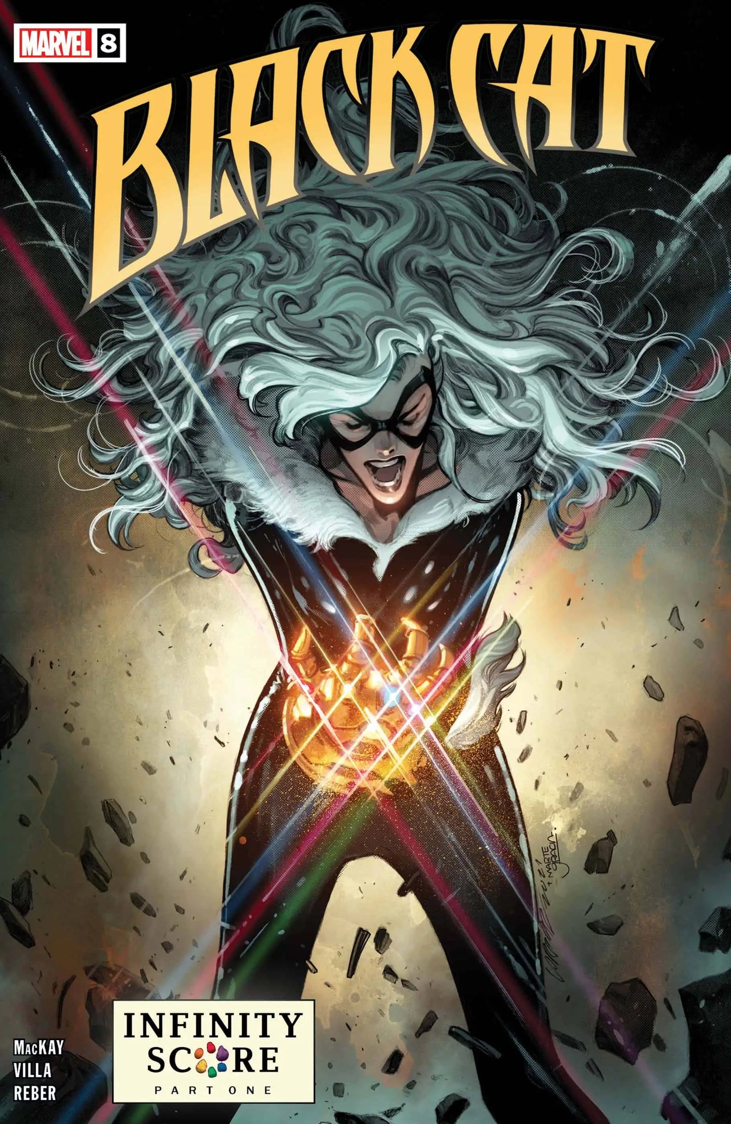 Comic book cover of Marvel Comics Black Cat Infinity Score featuring glowing X markings