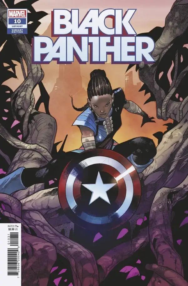 Captain America’s circular shield with a red, white, and blue design in Marvel Comics Black Panther