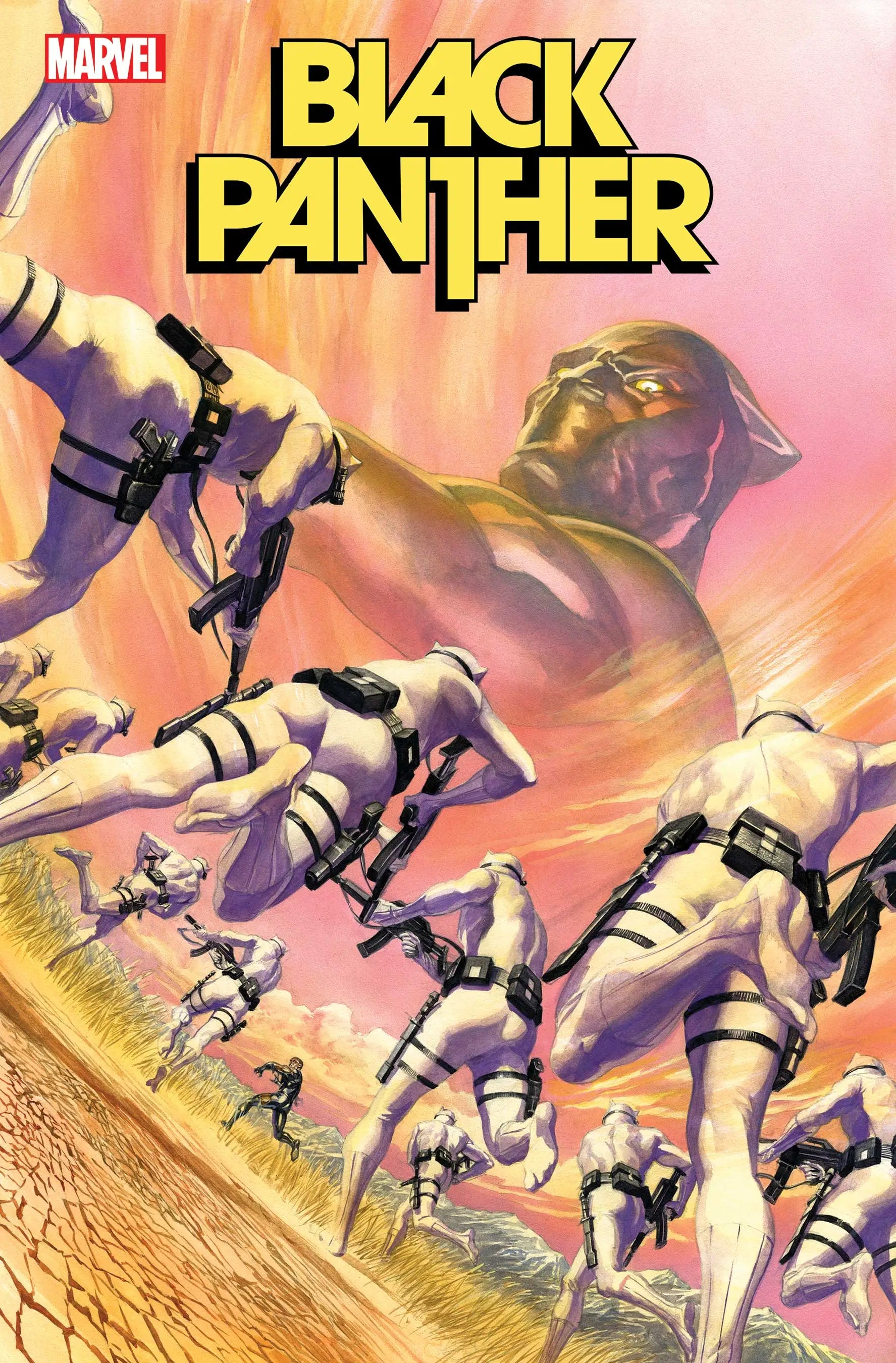 Comic book cover of Marvel Comics Black Panther #6 with armored figures descending