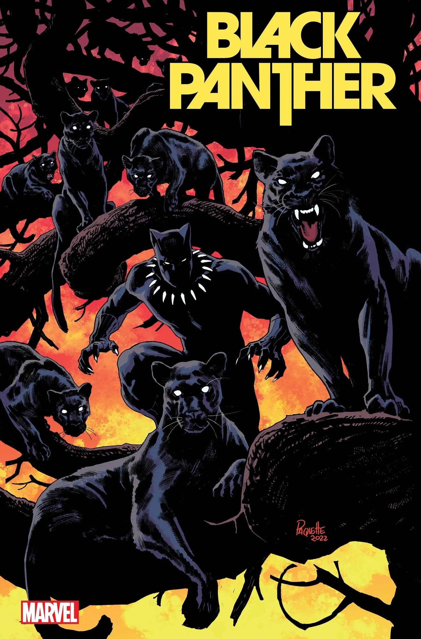 Comic book cover of Marvel Comics Black Panther with fierce panthers on a vivid backdrop