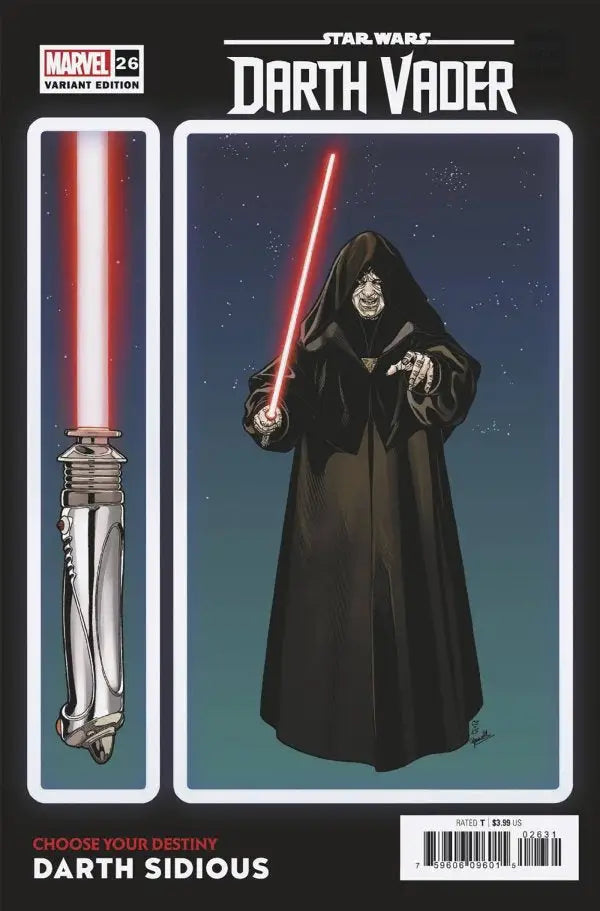 Dark-robed figure with glowing red lightsaber on Marvel Comics Darth Vader #26 cover