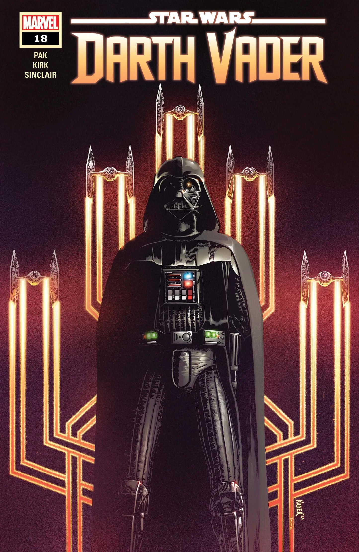 Darth Vader in black armor with cape, featured in Marvel Comics Star Wars #18