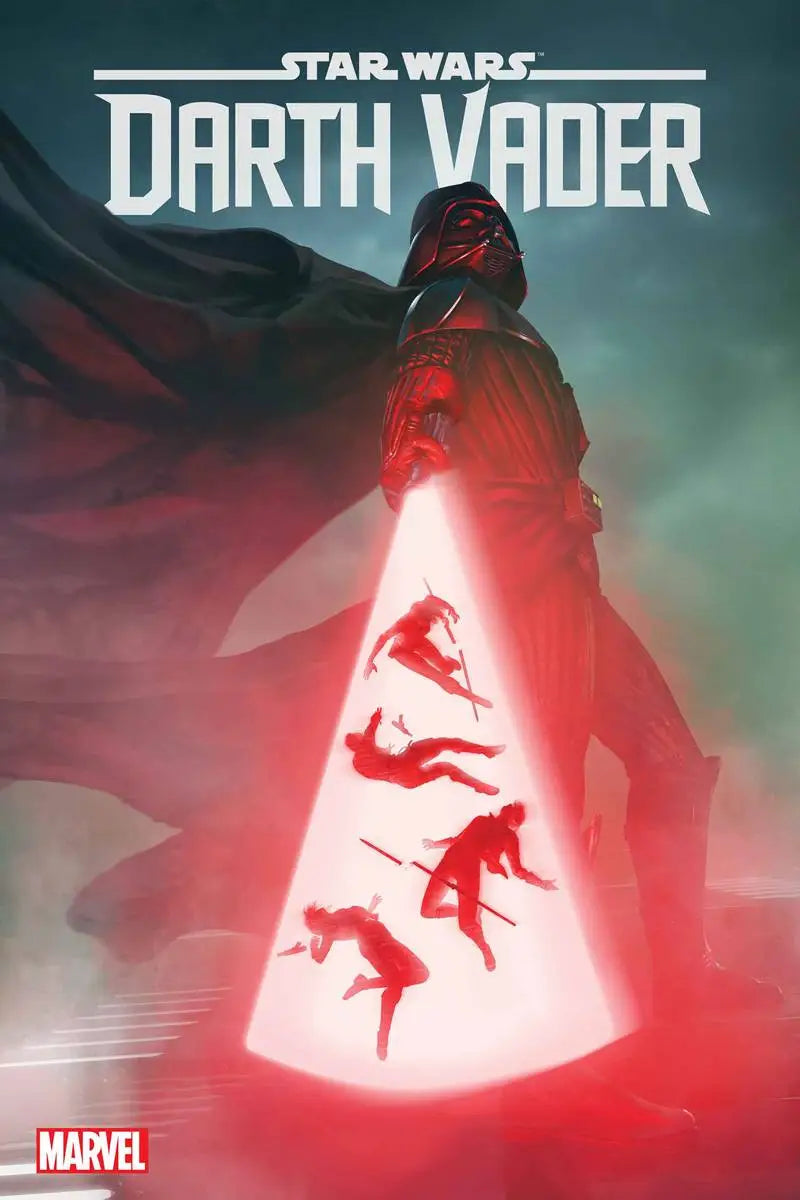 Darth Vader wielding a red lightsaber surrounded by silhouettes in Marvel Comics artwork