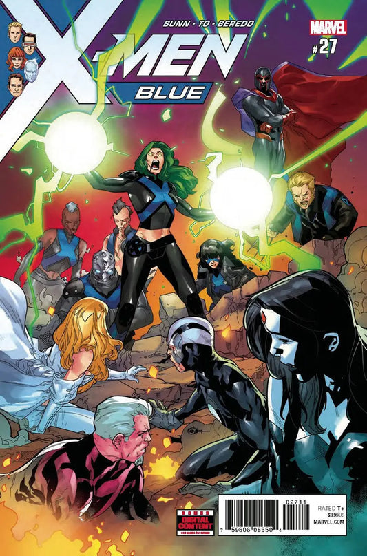 Comic book cover of X-Men Blue #27 featuring superheroes in action poses