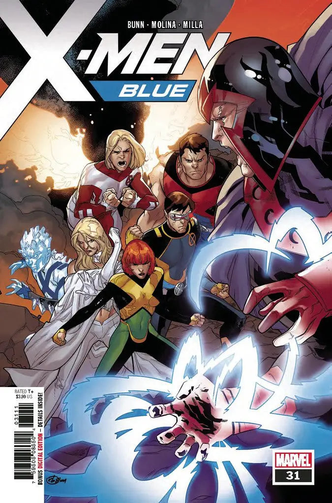 Comic book cover of MARVEL COMICS X-MEN BLUE #31 showcasing superheroes in action, ideal for trading cards