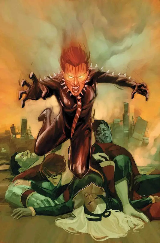 Fiery humanoid leaps over fallen green characters in MARVEL COMICS X-MEN GOLD 32 trading cards