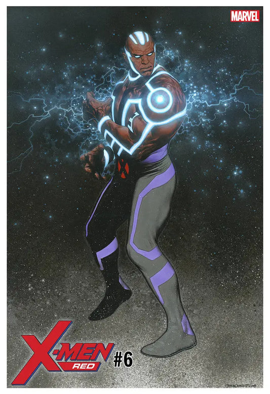 Superhero in futuristic suit with glowing blue energy patterns for X-Men Trading Cards