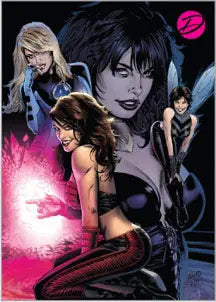 Comic book-style illustration of female superheroes on Marvel Dangerous Divas promo card