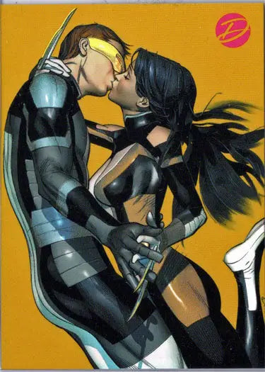 Two comic-style characters in costumes kissing on Marvel case topper card E38