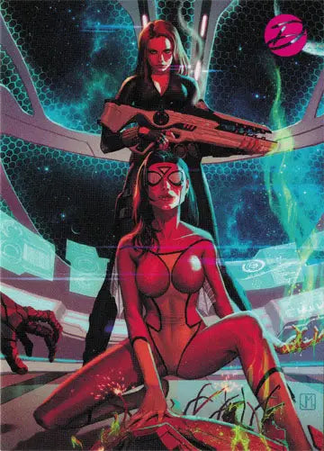 Two red-skinned female figures in a sci-fi setting on Marvel promo card