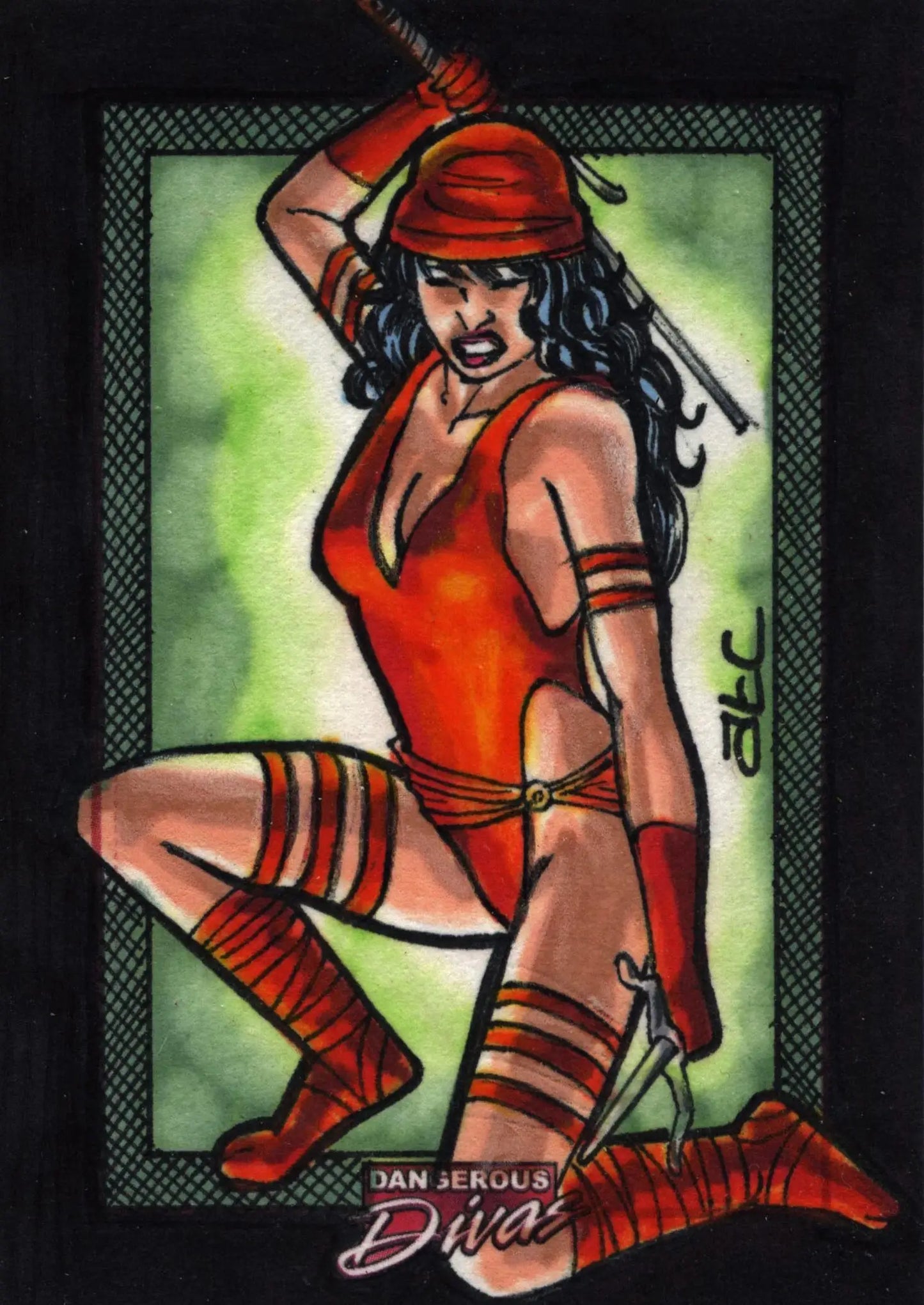 Marvel Dangerous Divas Sketch Card featuring Elektra by Adam Cleveland