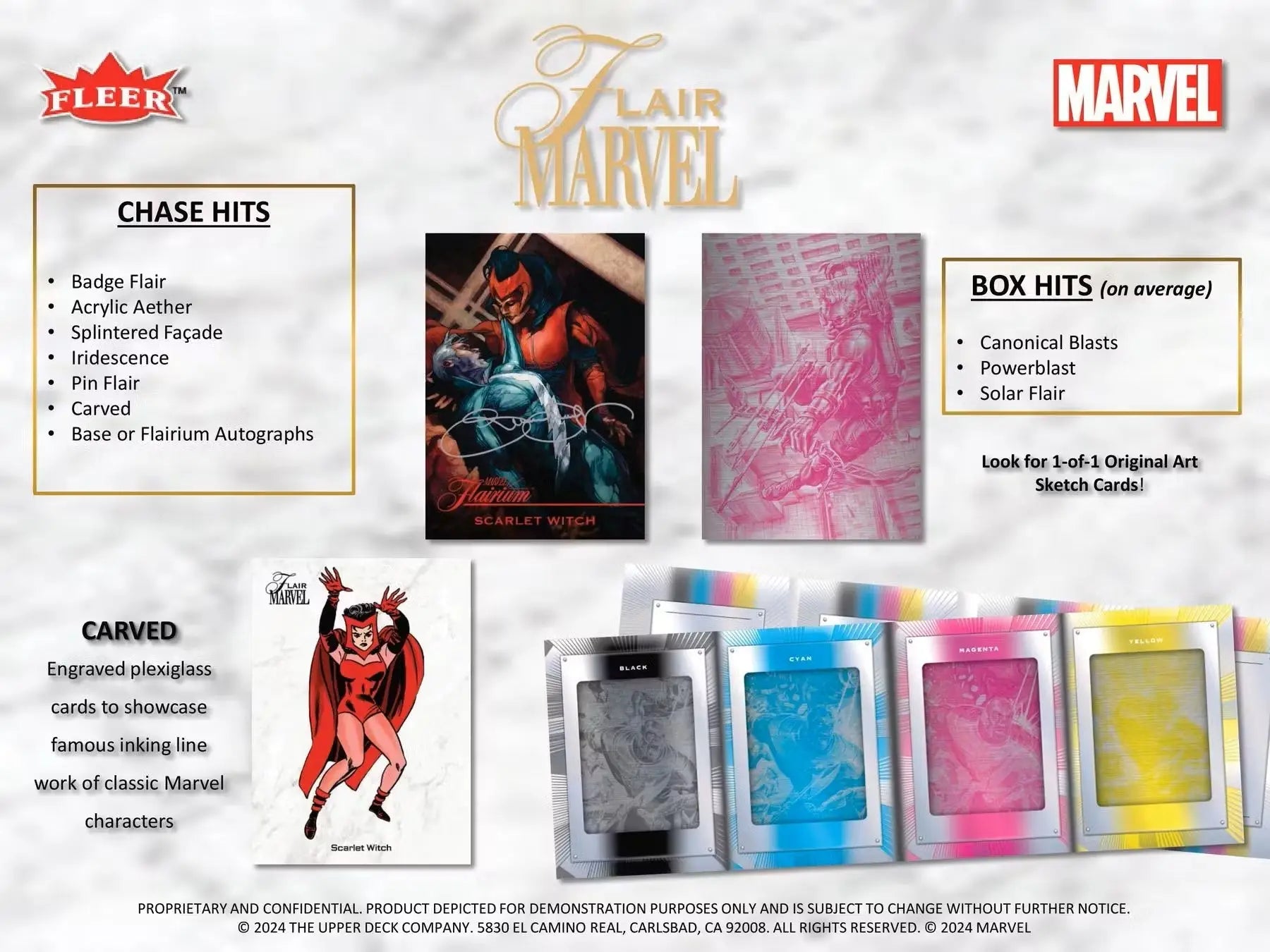 Marvel Flair Trading Cards Hobby Box advertisement featuring original art from the base set