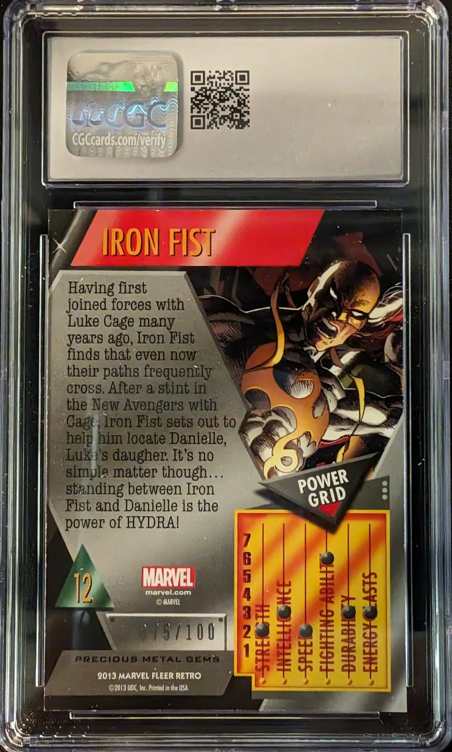 Graded Marvel Fleer Retro 2013 Precious Metal Gems Red Iron Fist trading card CGC 10