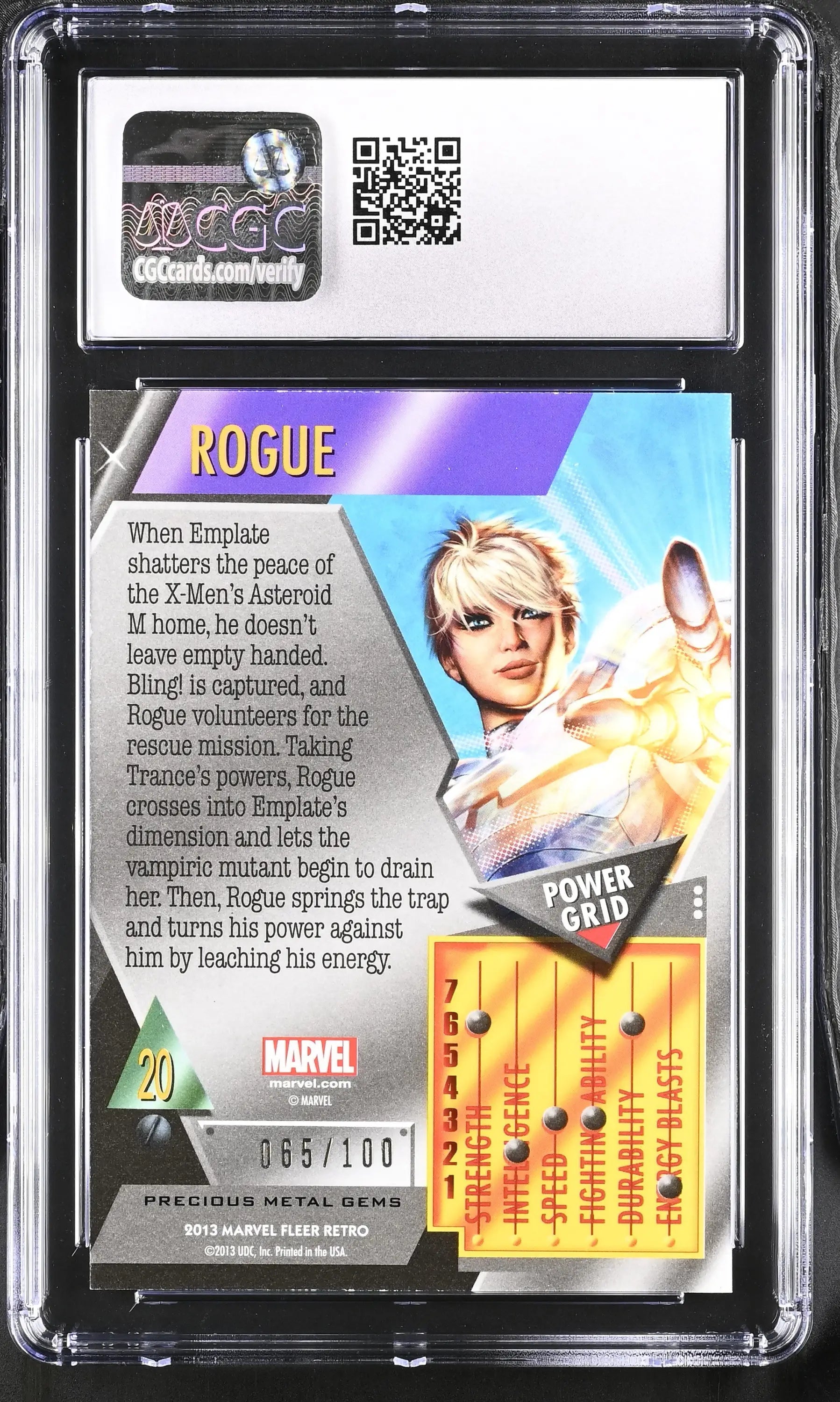 Marvel Fleer Retro Precious Metal Gems Red Trading Card of Rogue in CGC 10 case