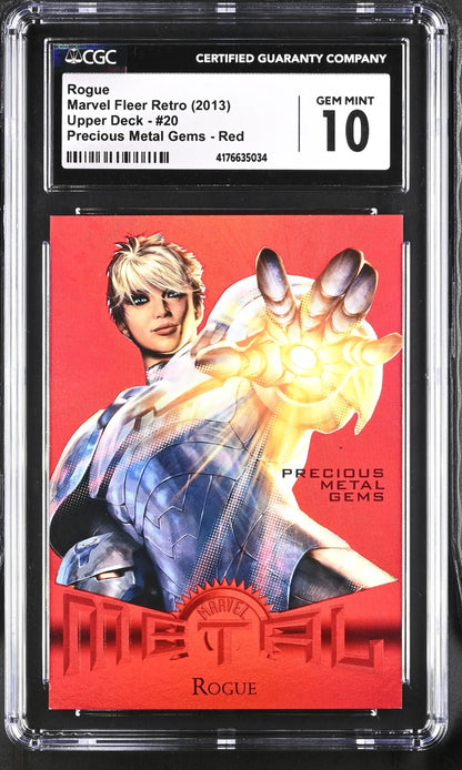 Graded Marvel Fleer Retro Precious Metal Gems Red trading card of Rogue with glowing energy