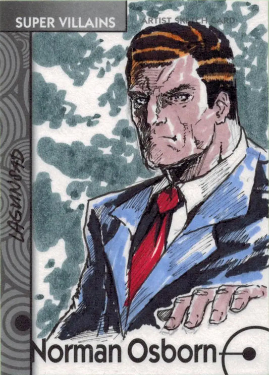 Illustrated sketch card of Norman Osborn by Rainier Lagunsad with a lightning bolt background