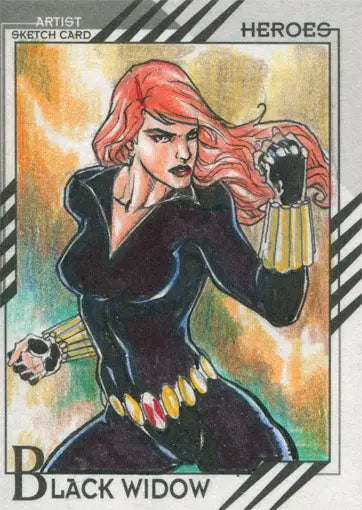 Illustration of Black Widow in action on Marvel Fleer Retro 2015 Sketch Card by Rain Lagunsad