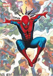 Spider-Man leaps in red and blue costume on Marvel promo card showcasing epic battles