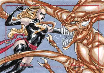 Stylized illustration of a blonde superhero battling a dragon in Arley Tucker trading cards